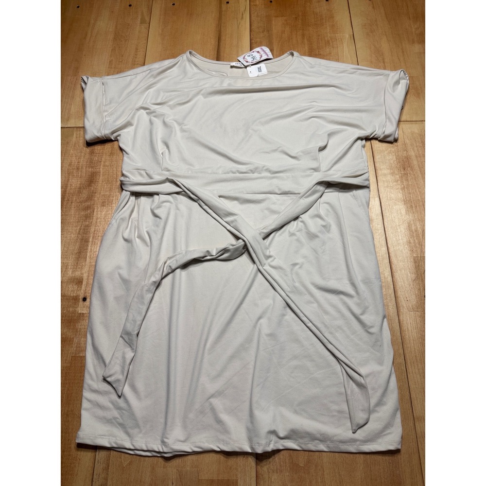 Zenana Outfitters Beige(Sand) Tencel Blend Tie Waist Tunic Dress Plus Size 3X